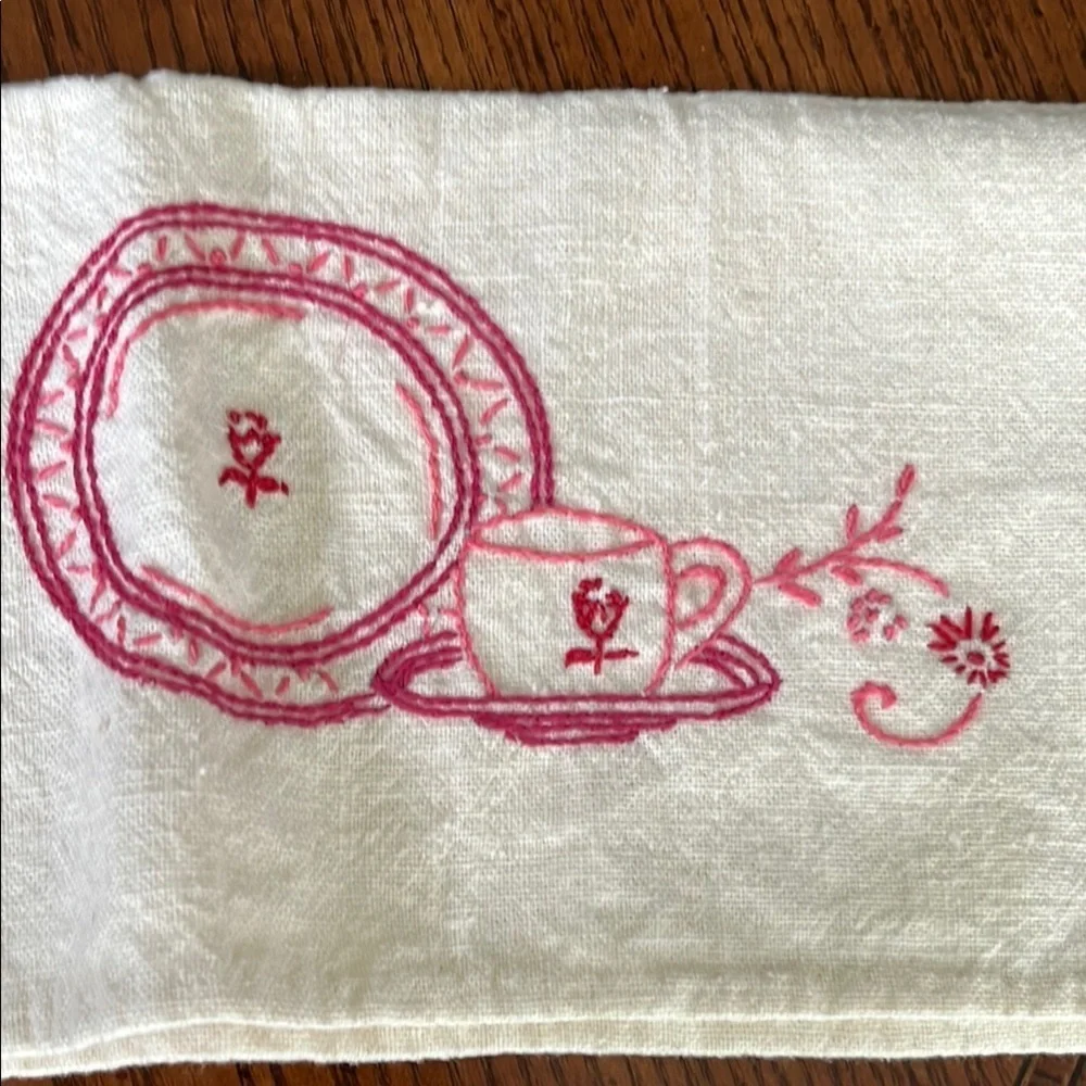 Embroidered China Tea Towel Cream Red and Pink
